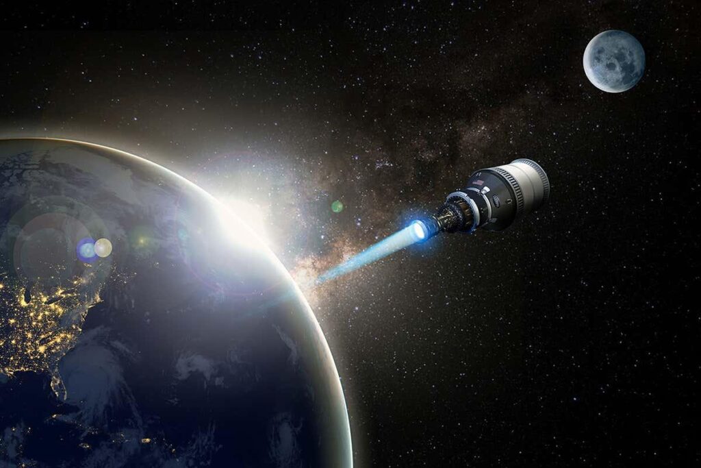 Illustration of a nuclear-powered reusable rocket spacecraft traveling through deep space toward Mars.