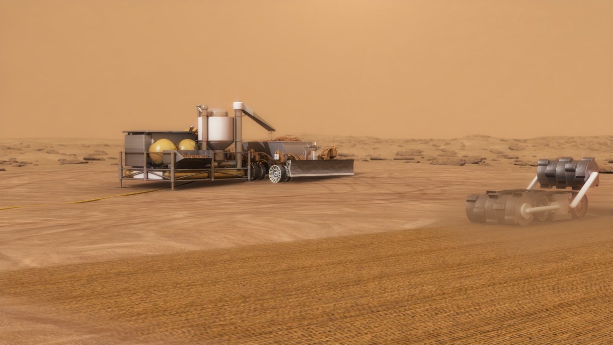 Lunar Infrastructure and ISRU (lunar base) prototype under construction using 3D-printed regolith and robotic arms, with Earth in the background.